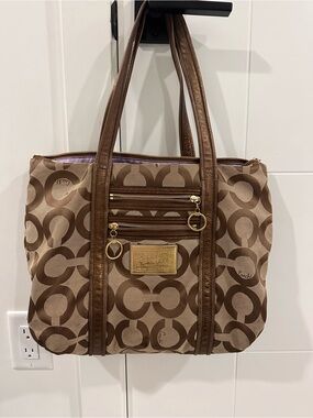 🦋Coach🦋Poppy Op Art Glam Tote Bag-Metallic Bronze Leather Trim